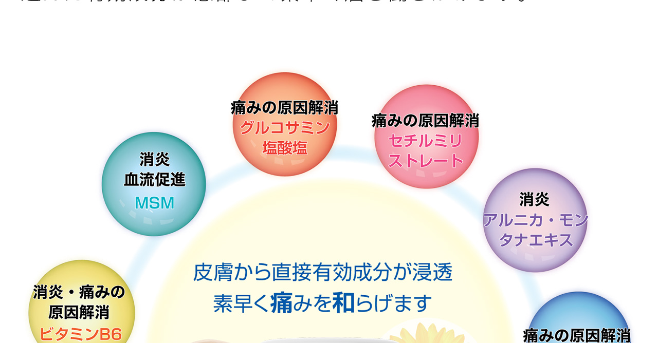 皮膚から直接有効成分が浸透し素早く痛みを和らげます