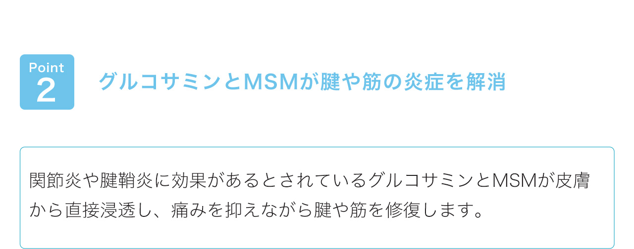 グルコサミンとMSMが腱や筋の炎症を解消。関節炎や腱鞘炎に効果があるとされているグルコサミンとMSMが皮膚から直接浸透し、痛みを抑えながら腱や筋を修復します。