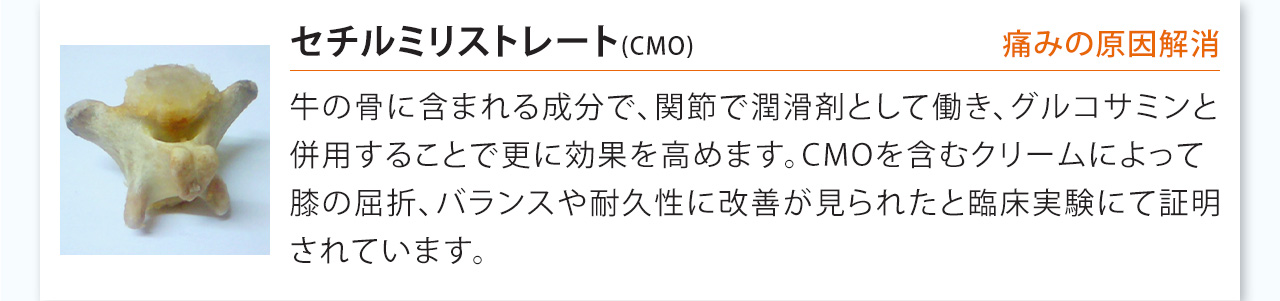 セチルミリストレートは牛の骨に含まれる成分で、関節で潤滑剤として働き、グルコサミンと
併用することで更に効果を高めます。CMOを含むクリームによって膝の屈折、バランスや耐久性に改善が見られたと臨床実験にて証明されています