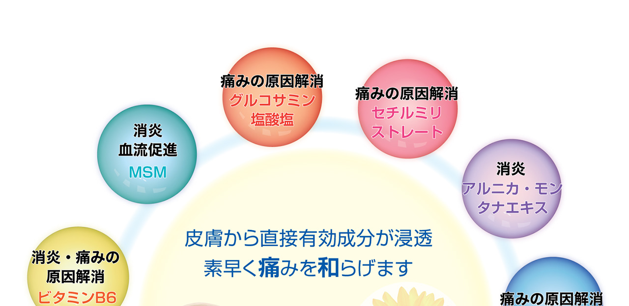 皮膚から直接有効成分が浸透し素早く痛みを和らげます