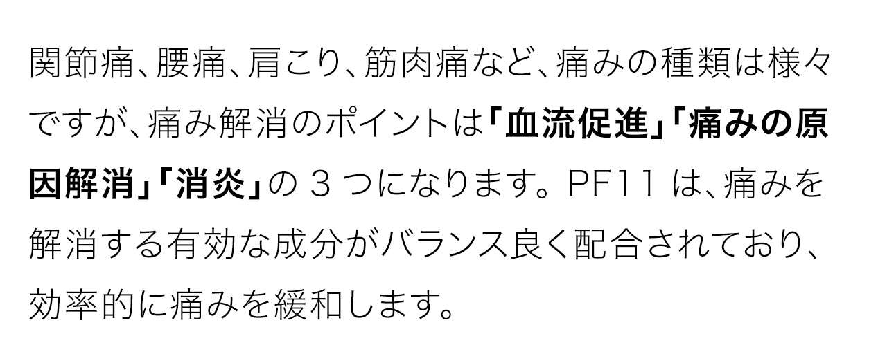 関節痛、腰痛、肩こり、筋肉痛など、痛みの種類は様々ですが、痛み解消のポイントは「血流促進」「痛みの原因解消」「消炎」の3つになります。 PF11は、痛みを解消する有効な成分がバランス良く配合されており、効率的に痛みを緩和します