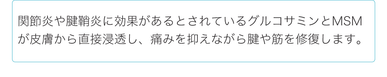 関節炎や腱鞘炎に効果があるとされているグルコサミンとMSMが皮膚から直接浸透し、痛みを抑えながら腱や筋を修復します