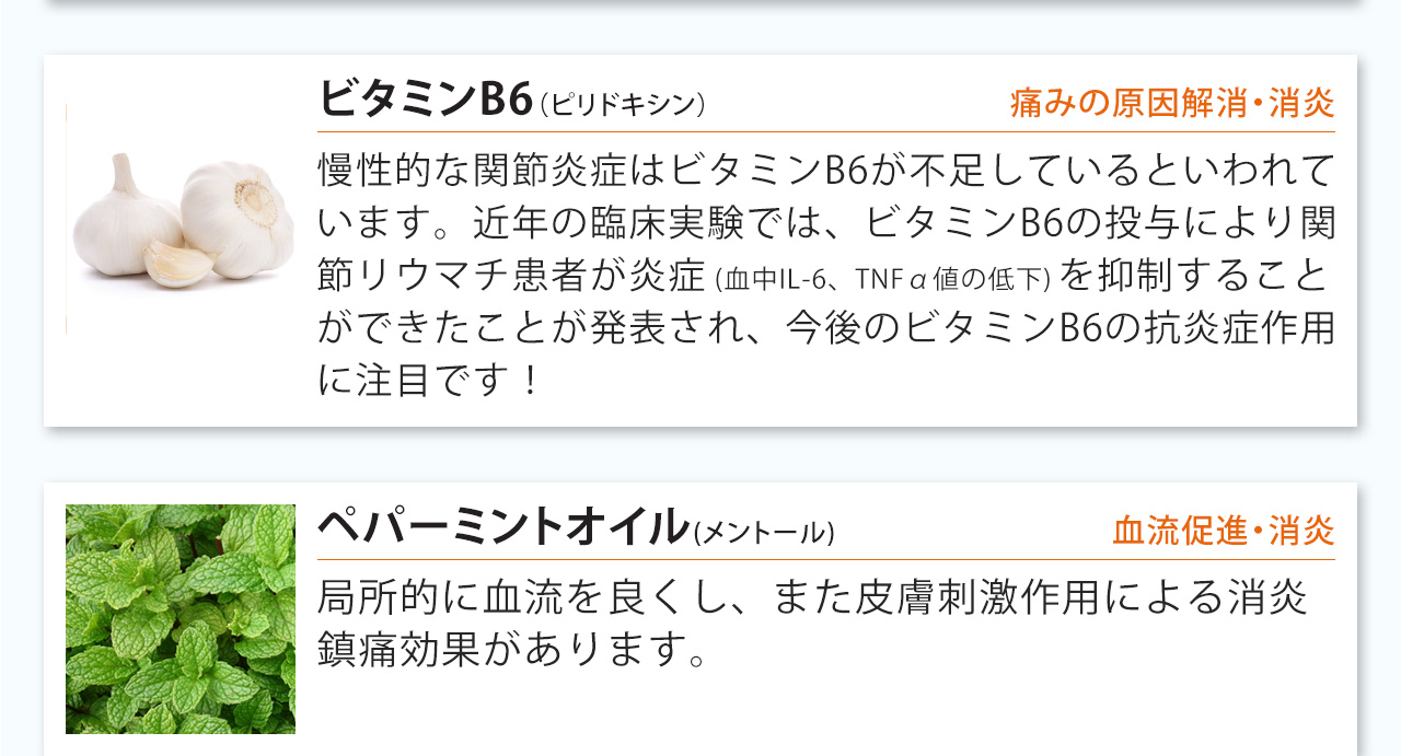 ビタミンB6（ピリドキシン）は慢性的な関節炎症はビタミンB6が不足しているといわれています。近年の臨床実験では、ビタミンB6の投与により関節リウマチ患者が炎症(血中IL-6、TNFα値の低下)を抑制することができたことが発表され、今後のビタミンB6の抗炎症作用に注目です