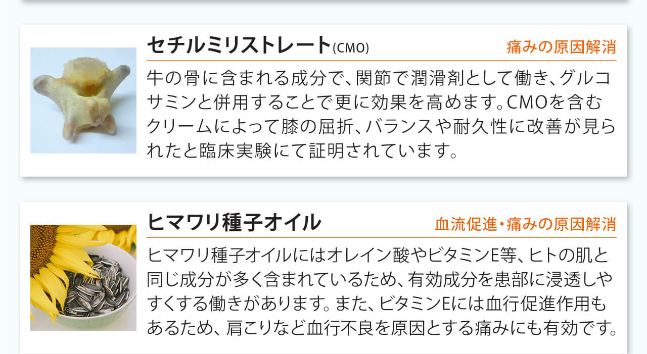 セチルミリストレート(CMO)は牛の骨に含まれる成分で、関節で潤滑剤として働き、グルコサミンと併用することで更に効果を高めます。CMOを含むクリームによって膝の屈折、バランスや耐久性に改善が見られたと臨床実験にて証明されています
