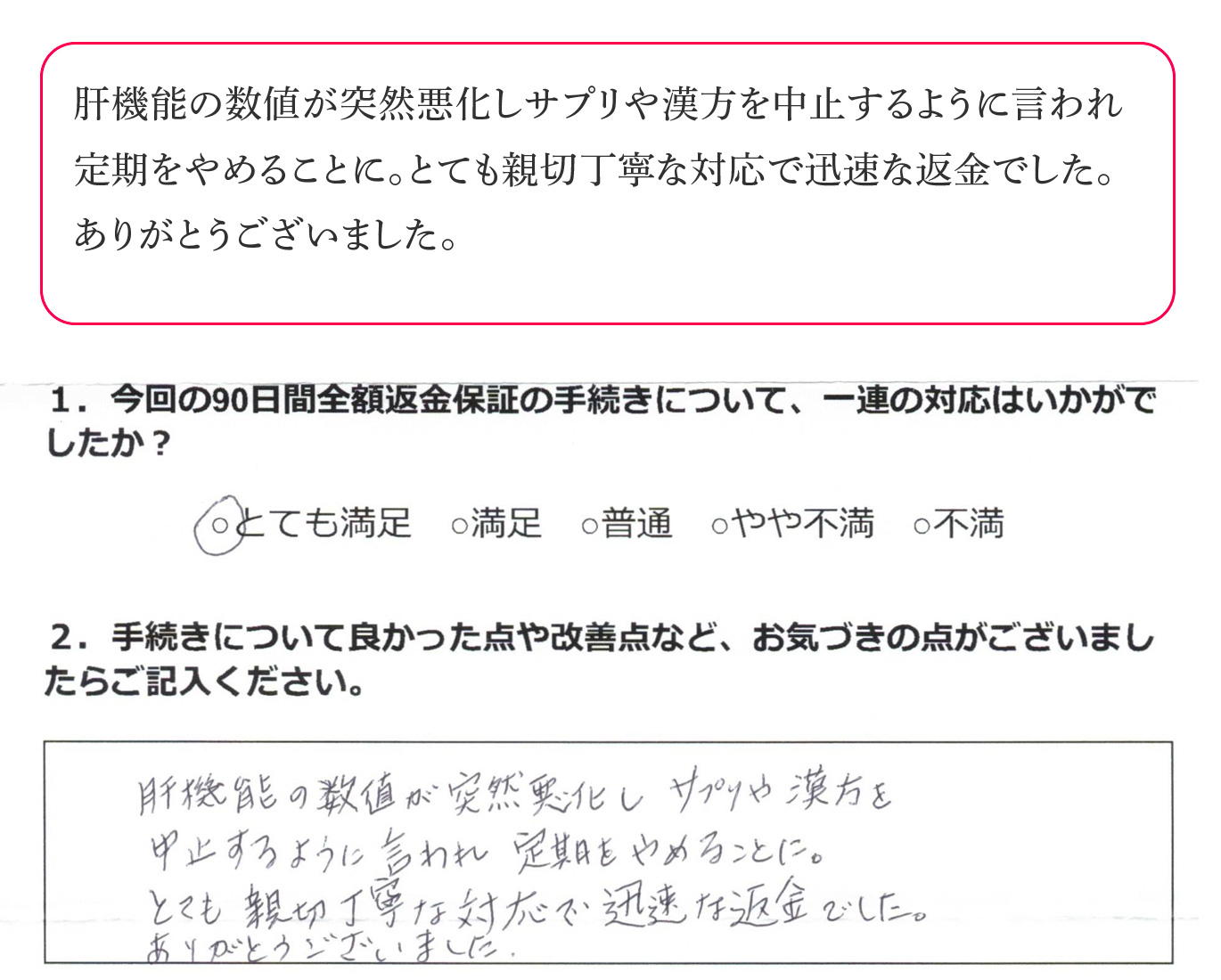 肝機能の数値が突然悪化しサプリや漢方を中止するように言われ定期をやめることに。とても親切丁寧な対応で迅速な返金でした。ありがとうございました。