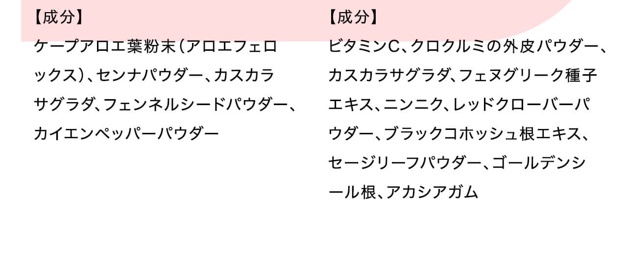成分：ケープアロエ葉粉末（アロエフェロックス）、センナパウダー、カスカラサグラダ、フェンネルシードパウダー、カイエンペッパーパウダー
