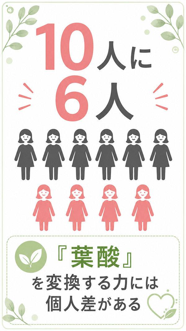 MTHFR酵素が十分に働かない約60％の人でも、しっかり利用できるよう設計された葉酸