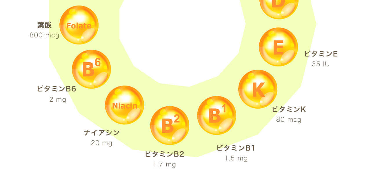 ビタミンE、K、B 1、B２、ナイアシン、ビタミンB6、葉酸