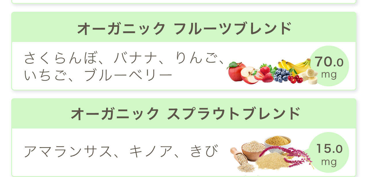 オーガニック フルーツブレンド：さくらんぼ、バナナ、りんご。オーガニック スプラウトブレンド：アマランサス、キノア、きび