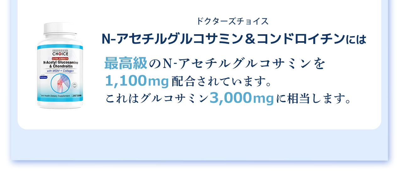 N-アセチルグルコサミン＆コンドロイチンには最高級のN-アセチルグルコサミンを
1,100mg配合されています。これはグルコサミン3,000mgに相当します。