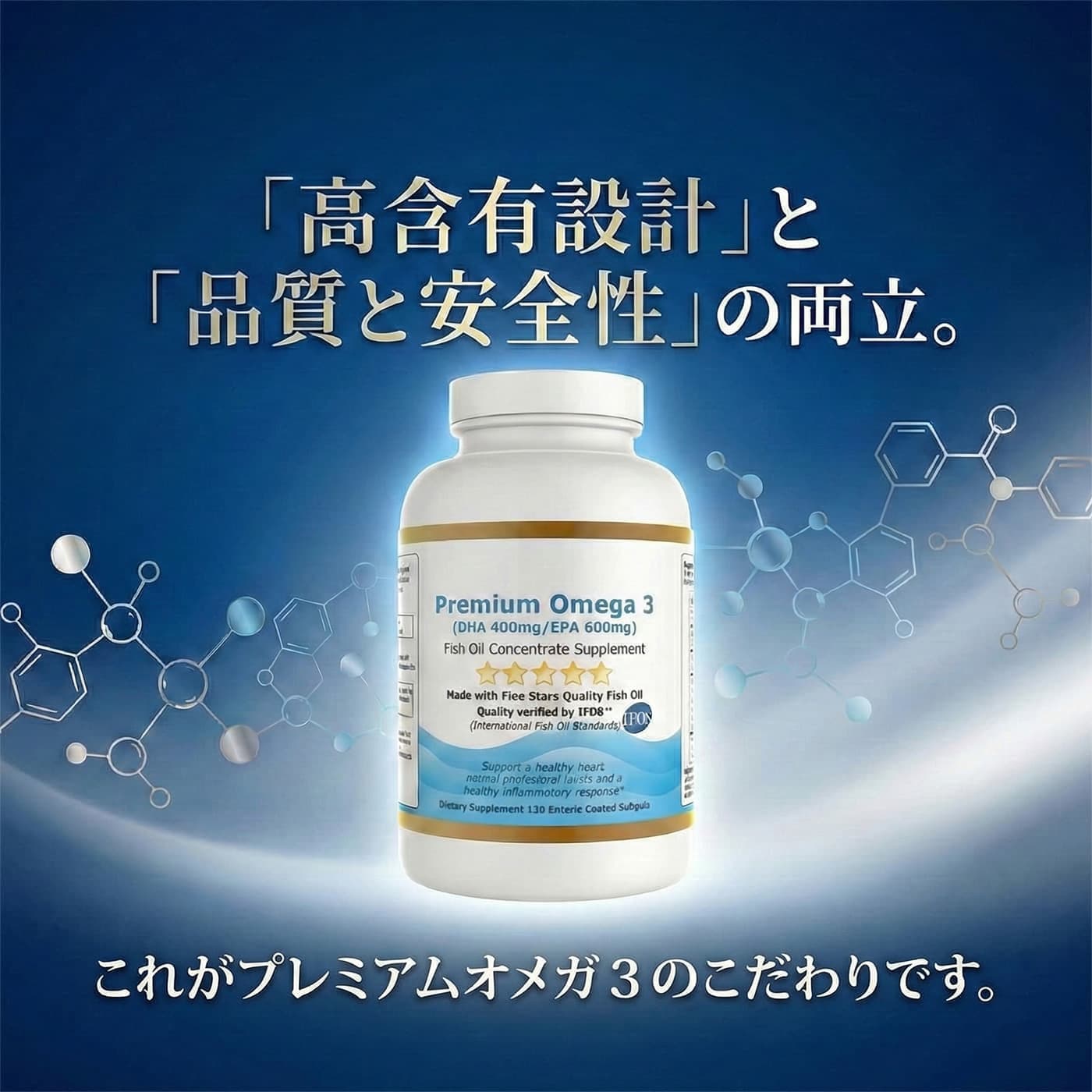 「高含有設計」と「品質と安全性」の両立。これがプレミアムオメガ３のこだわりです