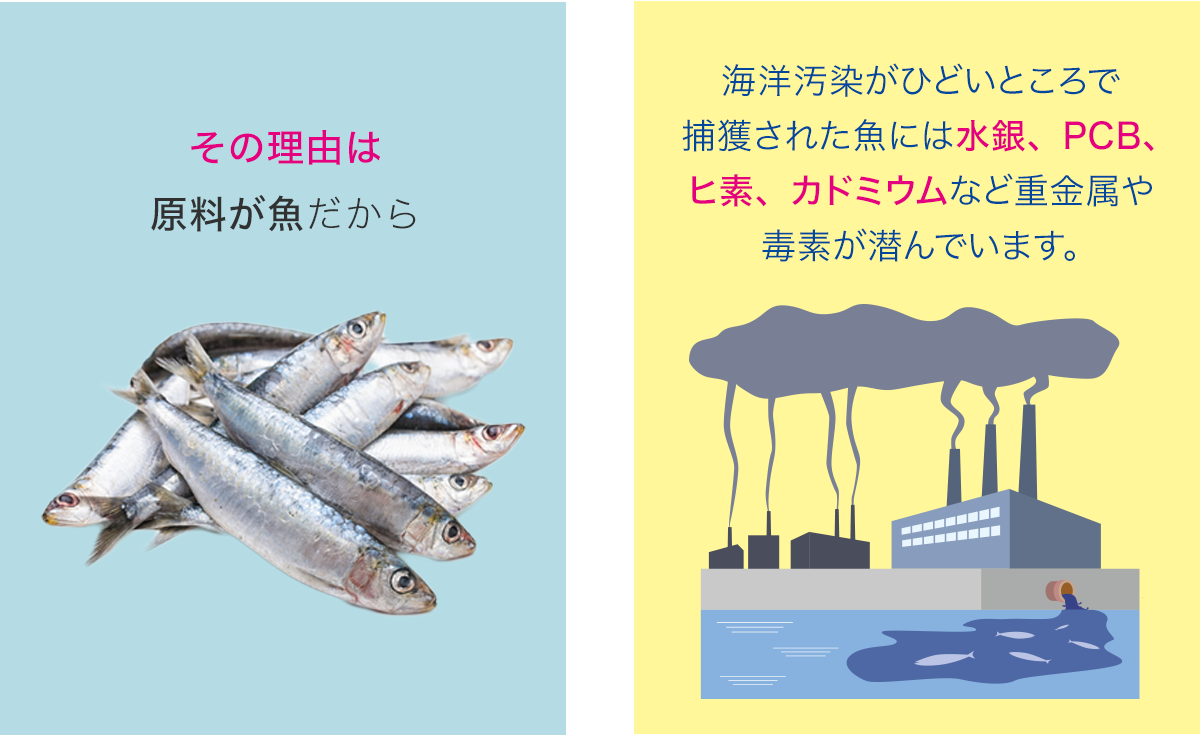 その理由は原料が魚だから。海洋汚染がひどいところで捕獲された魚には水銀、PCB、ヒ素、カドミウムなど重金属や毒素が潜んでいます。