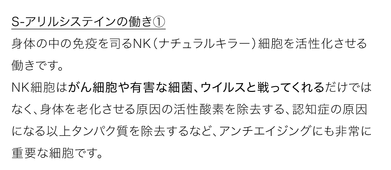 S-アリルシステインの働き①：身体の中の免疫を司るNK（ナチュラルキラー）細胞を活性化させる働きです。NK細胞はがん細胞や有害な細菌、ウイルスと戦ってくれるだけではなく、身体を老化させる原因の活性酸素を除去する、認知症の原因になる以上タンパク質を除去するなど、アンチエイジングにも非常に重要な細胞です