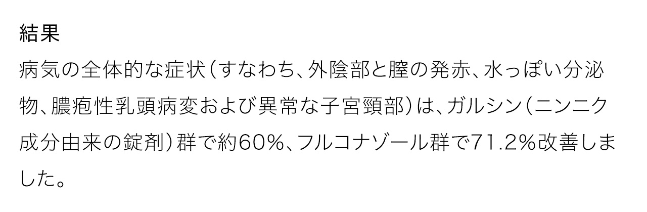 結果:病気の全体的な症状（すなわち、外陰部と膣の発赤、水っぽい分泌物、膿疱性乳頭病変および異常な子宮頸部）は、ガルシン（ニンニク成分由来の錠剤）群で約60％、フルコナゾール群で71.2％改善しました