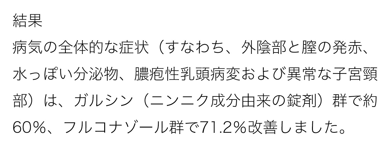 結果:病気の全体的な症状（すなわち、外陰部と膣の発赤、水っぽい分泌物、膿疱性乳頭病変および異常な子宮頸部）は、ガルシン（ニンニク成分由来の錠剤）群で約60％、フルコナゾール群で71.2％改善しました
