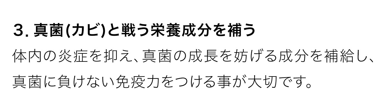３. 真菌(カビ)と戦う栄養成分を補う体内の炎症を抑え、真菌の成長を妨げる成分を補給し、真菌に負けない免疫力をつける事が大切です