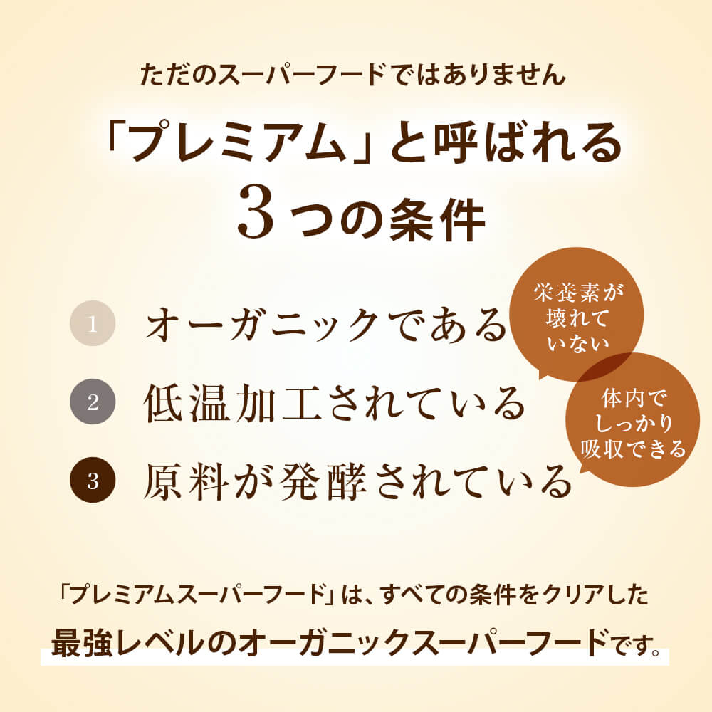 ただのスーパーフードではありません！「プレミアム」と呼ばれる３つの条件①オーガニックである②低温加工されている③原料が発酵されている。「プレミアムスーパーフード」は、すべての条件をクリアした最強レベルのオーガニックスーパーフードです。