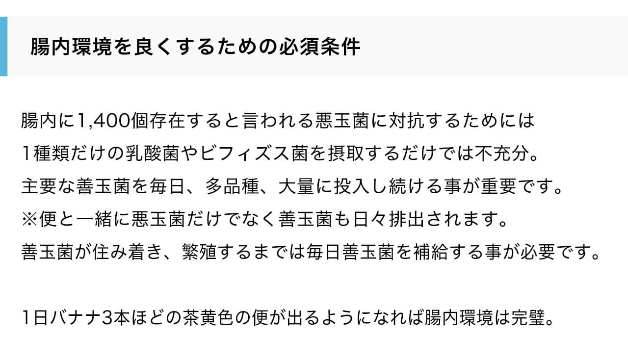 腸内環境を良くするための必須条件。腸内に1,400個存在すると言われる悪玉菌に対抗するためには1種類だけの乳酸菌やビフィズス菌を摂取するだけでは不充分。主要な善玉菌を毎日、多品種、大量に投入し続ける事が重要です。※便と一緒に悪玉菌だけでなく善玉菌も日々排出されます。善玉菌が住み着き、繁殖するまでは毎日善玉菌を補給する事が必要です。1日バナナ3本ほどの茶黄色の便が出るようになれば腸内環境は完璧
