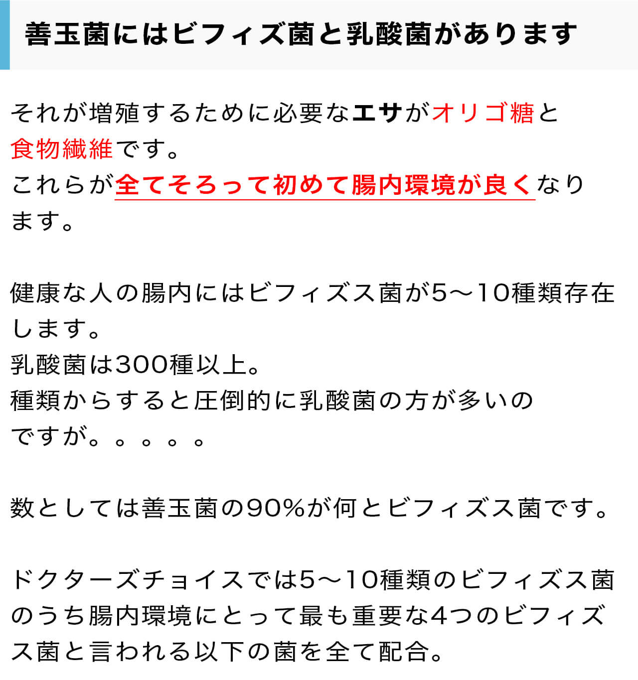 善玉菌にはビフィズ菌と乳酸菌があります。それが増殖するために必要なエサがオリゴ糖と食物繊維です。これらが全てそろって初めて腸内環境が良くなります。健康な人の腸内にはビフィズス菌が5～10種類存在します。乳酸菌は300種以上。種類からすると圧倒的に乳酸菌の方が多いのですが。。。。。数としては善玉菌の90%が何とビフィズス菌です。ドクターズチョイスでは5～10種類のビフィズス菌のうち腸内環境にとって最も重要な4つのビフィズス菌と言われる以下の菌を全て配合