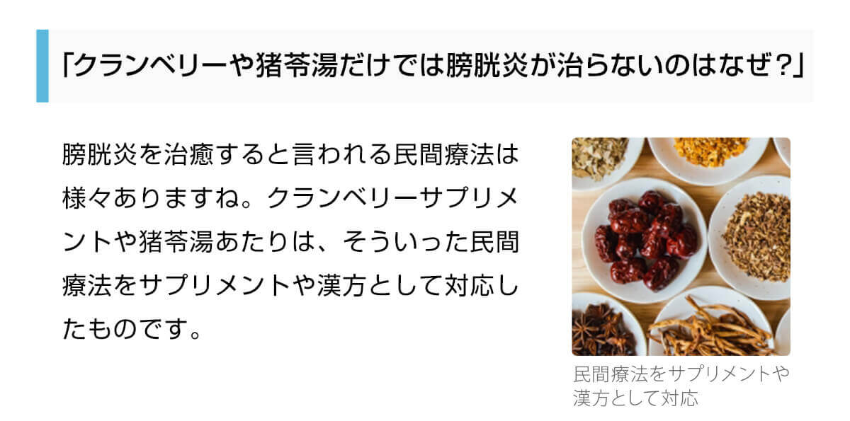 膀胱炎を治癒すると言われる民間療法は様々ありますね。クランベリーサプリメントや猪苓湯あたりは、そういった民間療法をサプリメントや漢方として対応したものです