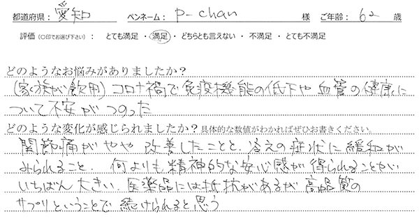 ＜悩み：(家族が飲用)コロナ禍で免疫機能の低下や血管の健康について不安がつのった＞関節痛がやや改善したことと、冷えの症状に緩和がみられること、何よりも精神的な安心感が得られることがいちばん大きい。医薬品には抵抗があるが高品質のサプリということで続けられると思う。