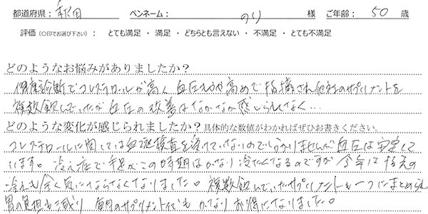 ＜悩み：健康診断でコレステロールが高く血圧もやや高めで指摘され他社のサプリメントを複数飲んでいたが血圧の改善はなかなか感じられなく…＞コレステロールに関しては血液検査を受けていないので分かりませんが血圧は安定しています。冷え性で手足がこの時期はかなり冷たくなるのですが今年は指先の冷えも全く気にならなくなりました。複数飲んでいたサプリメントも一つにまとめられ胃の負担も減り毎月のサプリメント代もかなりお得になりました。