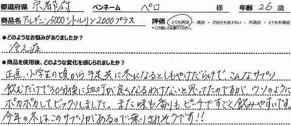 正直小学生の頃から手足共に冬になるとしもやけだらけでこんなサプリ飲むだけで30分後に結構がよくなるわけがないと思ってたのですが、嘘のようにポカポカしてびっくりしました。また後あじも香りもピーチですごく飲みやすいです。今年の冬はこのサプリがあるので乗り切れそうです